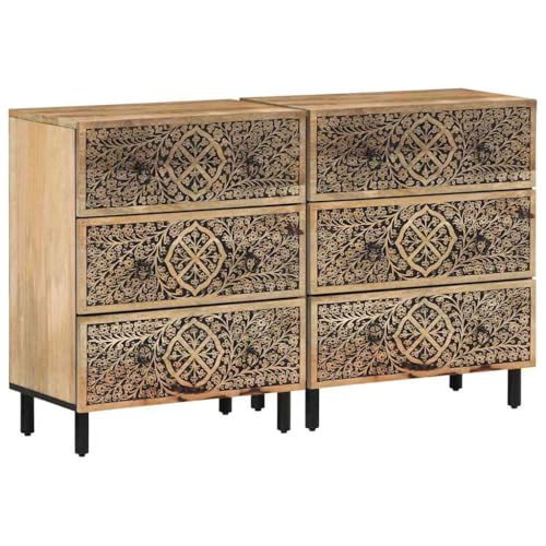 2er Set Beistellschrank Sideboard mit Stauraum, Schmaler Schrank Anrichte Standschrank Flurschrank für Küche Wohnzimmer, 60x33x75 cm Massivholz Mango von Makastle