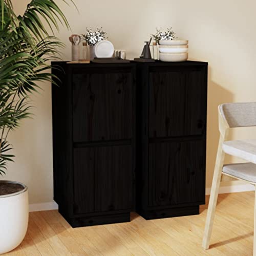 2er Set Beistellschrank Sideboards mit 2 Türen, Schmaler Schrank Anrichte Standschrank Flurschrank für Küche Wohnzimmer Flur, Schwarz 31,5x34x75 cm Massivholz Kiefer von Makastle