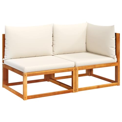 2er Set Gartensofa mit Creme Kissen, 2-Sitzer Hinterhofstuhl mit Rückenlehne aus PE-Rattan für Terrasse Balkon, Schwarz 130 x 65 x 65 cm Massivholz Akazie von Makastle