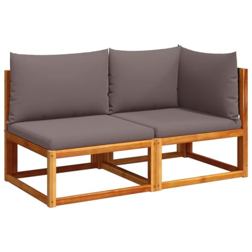 2er Set Gartensofa mit Grau Kissen, 2-Sitzer Hinterhofstuhl mit Rückenlehne aus PE-Rattan für Terrasse Balkon, Braun 130 x 65 x 65 cm Massivholz Akazie von Makastle