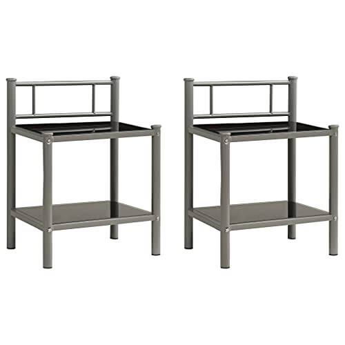 2er Set Nachttisch Nachtschrank Schlafzimmer Wohnzimmer Nachtkommode Beistelltisch Stabiler Sofatisch Konsole Schrank, Grau und Schwarz Metall und Glas von Makastle