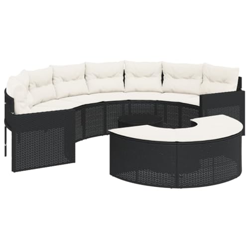 3er Set Garten-Sofagarnitur mit Fußbank & Glastisch, Halbrunder Polyrattan-Stuhl mit Armlehne & Stahlrahmen für Terrasse Balkon, Schwarz 287 x 70 cm von Makastle