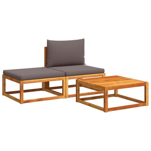 3er Set Garten-Sofagarnitur mit Fußbank & Tisch, Hinterhofstuhl mit Rückenlehne und Grau Kissen für Terrasse Balkon, Braun 65 x 65 x 65 cm Massivholz Akazie von Makastle