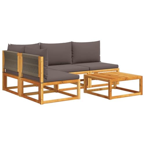 5er Set Gartensofa mit Tisch, Freizeitsofa mit Rückenlehne Massivholzrahmen und Grau Kissen für Terrasse Balkon, Braun 65 x 65 x 65 cm Akazie von Makastle