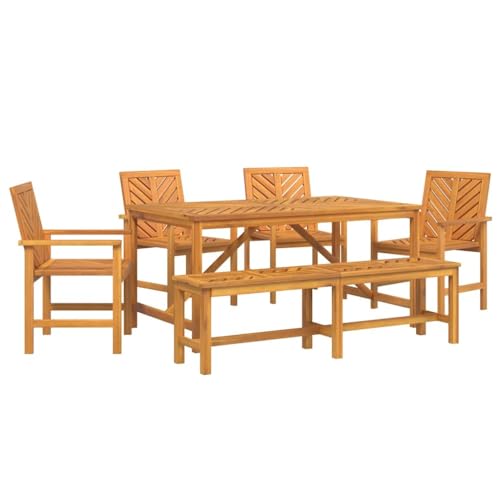 6-TLG Garten-Essgruppe, 1 Tisch und 4 Stühle, Bank für Balkon, Terrasse, Poolbereich, Wetterfeste, 150x90x74 cm Braun Akazie Massivholz von Makastle