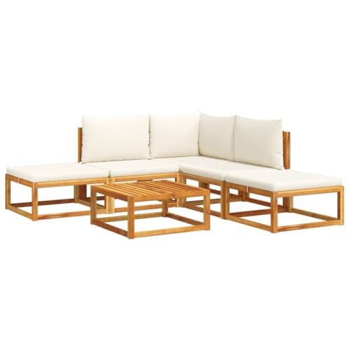 6er Set Garten-Sofagarnitur mit Fußbank & Tisch, Balkonsofa mit Massivholzrahmen & Cremeweiß Kissen für Terrasse Rasen, Braun 65 x 65 x 65 cm Akazie von Makastle
