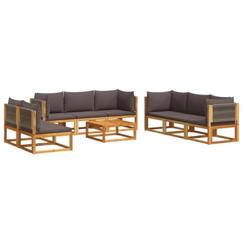 9er Set Gartensofa mit Tisch & Rückenlehne, Freizeitsofa mit Grau Kissen und Massivholzrahmen für Terrasse Balkon, Braun 65 x 65 x 65 cm Akazie von Makastle