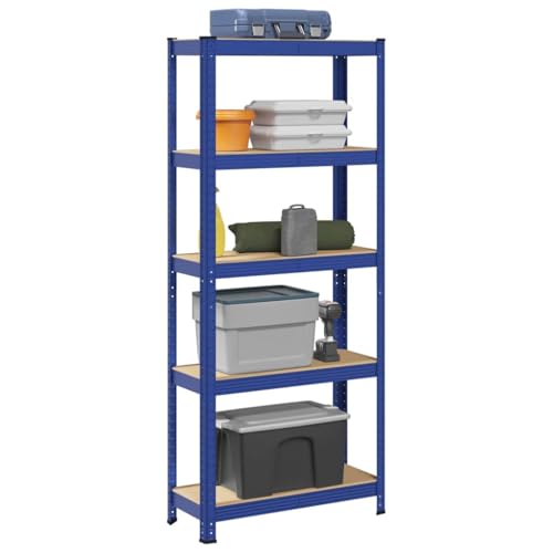 Aufbewahrungseinheit, Steckregal Metall mit 5 Ablagen, Kellerregal Regalsystem Regal Schwerlastregal Werkstattregal, Blau Stahl & Holzwerkstoff von Makastle