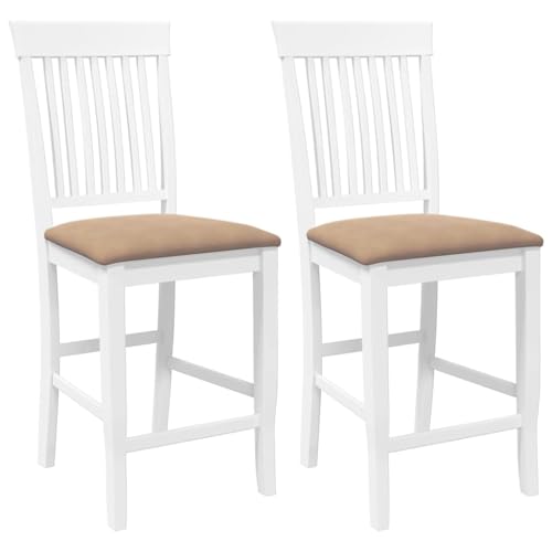 Barhocker mit Braun Kissen, 2er Set, Esszimmerstuhl mit Lattenrost-Rückenlehne für Küche Terrasse usw, Weiß 48 x 52,5 x 107 cm Massivholz Gummibaum von Makastle