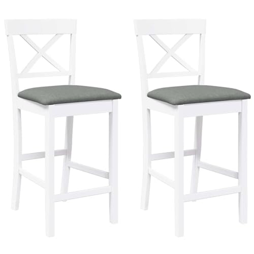 Barhocker mit Grau Kissen, 2er Set, Esszimmerstuhl mit Rückenlehne & Fußstütze für Schlafzimmer Küche, Weiß 41 x 46,5 x 95,5 cm Massivholz Gummibaum Barhocker mit Grau Kissen, 2er Set, Esszimmerstuhl mit Rückenlehne & Fußstütze für Schlafzimmer Küche, Weiß 41 x 46,5 x 95,5 cm Massivholz Gummibaum von Makastle
