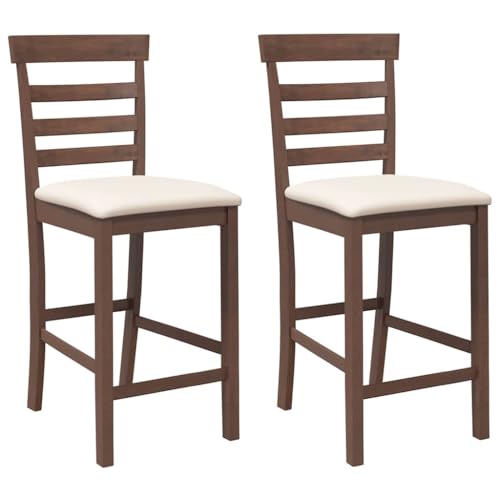 Barhocker mit Hell Kissen, 2er Set, Frisiertischstühle mit Lehne & Fußbank für Esszimmer Terrasse, Braun 41 x 49 x 96 cm Massivholz Gummibaum von Makastle