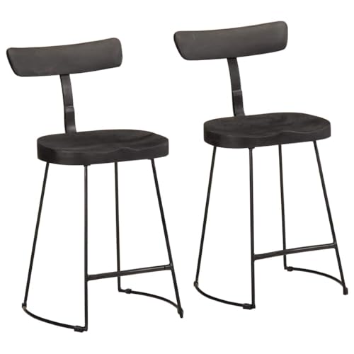 Barhocker mit Lehne & Fußbank, 2er Set, Küchenstuhl mit Schwarz Metallrahmen für Esszimmer Studie, Schwarz 49x43x79 cm Mango Massivholz von Makastle