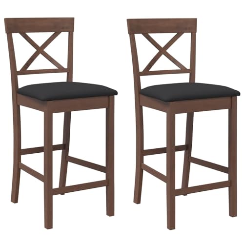 Barhocker mit Schwarz Kissen, 2er Set, Esszimmerstuhl mit Rückenlehne & Fußstütze für Schlafzimmer Küche, Braun 41 x 46,5 x 95,5 cm Massivholz Gummibaum von Makastle