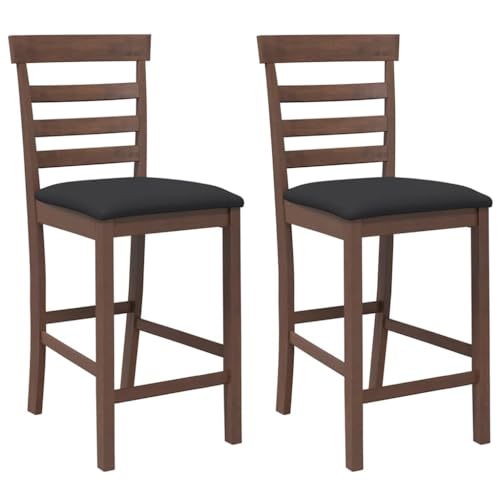 Barhocker mit Schwarz Kissen, 2er Set, Frisiertischstühle mit Lehne & Fußbank für Esszimmer Terrasse, Braun 41 x 49 x 96 cm Massivholz Gummibaum von Makastle