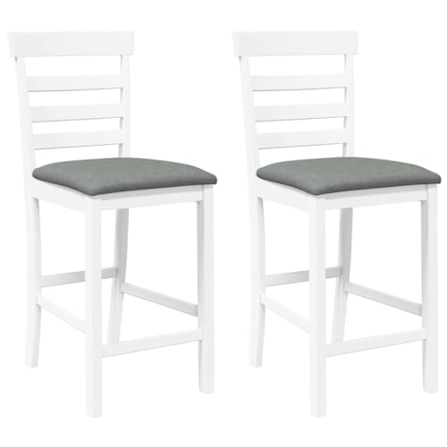 Barhocker mit Weiß Kissen, 2er Set, Frisiertischstühle mit Lehne & Fußbank für Esszimmer Terrasse, Weiß 41 x 49 x 96 cm Massivholz Gummibaum von Makastle