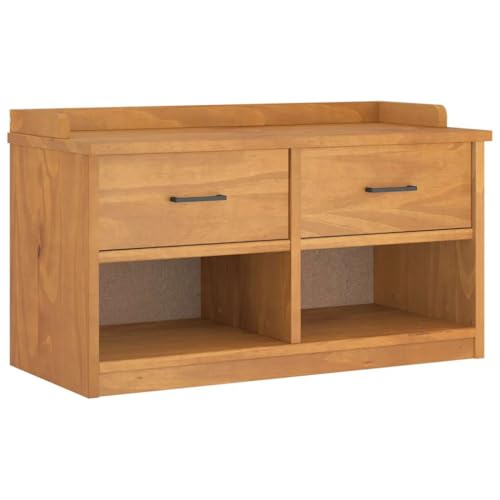 Flurbank mit 2 Schubladen und 2 offene Fächer, Eingangshocker mit handhaben für Schlafzimmer Wohnzimmer, Akazien-Finish 87x40x50 cm Massivholz Kiefer Flurbank mit 2 Schubladen und 2 offene Fächer, Eingangshocker mit handhaben für Schlafzimmer Wohnzimmer, Akazien-Finish 87x40x50 cm Massivholz Kiefer von Makastle