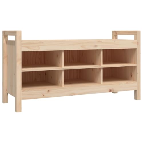 Flurbank mit 6 offene Fächer, Rechteckig Schuhbank mit handhaben und Füße für Schlafzimmer Wohnzimmer, Braun 110x40x60 cm Massivholz Kiefer Flurbank mit 6 offene Fächer, Rechteckig Schuhbank mit handhaben und Füße für Schlafzimmer Wohnzimmer, Braun 110x40x60 cm Massivholz Kiefer von Makastle