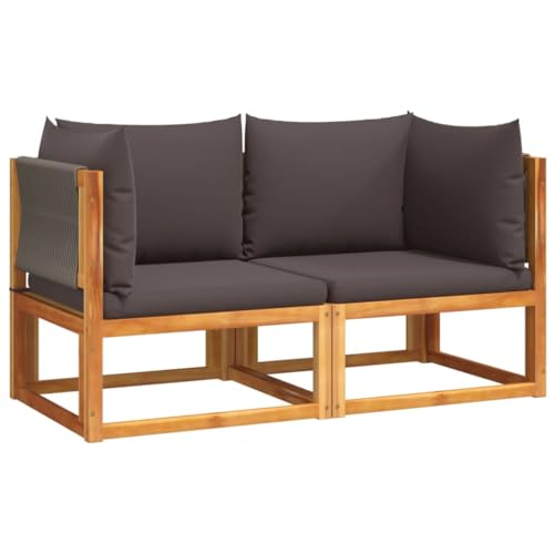 Garten-Ecksofas mit Seilrückenlehne 2er Set, Freizeitsofa mit Grau Kissen & Holzrahmen für Terrasse Balkon, Braun 65 x 65 x 65 cm Massivholz Akazie von Makastle