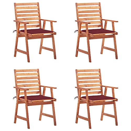 Garten-Essstühle mit Armlehne, 4er Set, Esszimmerstühle mit Weinrot Kissen für Balkon Terrasse, Haltbarkeit, Braun 56 x 62 x 92 cm Massivholz Akazie von Makastle