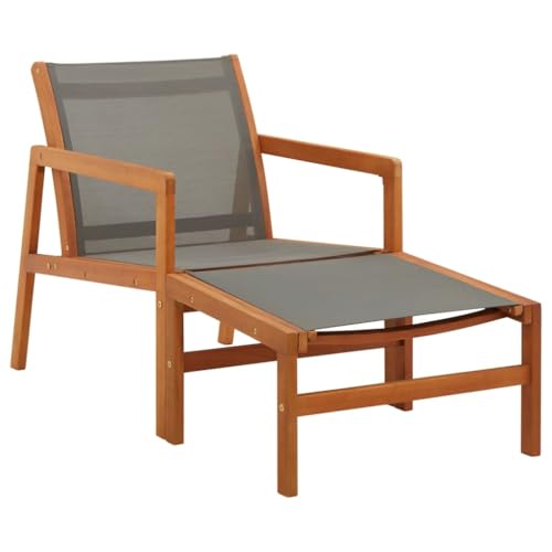 Garten-Loungestuhl mit Holzbeine & Fußteil, Armlehnensessel für Innenhof, Terrasse, Grau 60 x 83.5 x 77.5 cm Massivholz Eukalyptus und Textilene von Makastle