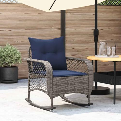 Garten-Schaukelstuhl mit Marineblau Kissen, Polyrattan-Stuhl mit Netzrückenlehne für Balkon Terrasse, Gute Stabilität, Grau 67 x 75 x 75 cm Stahl von Makastle