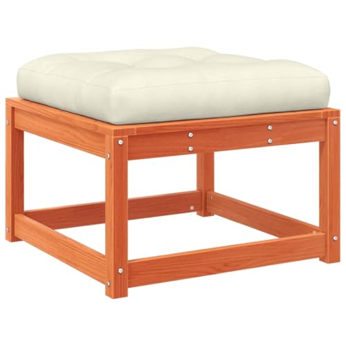 Gartenhocker mit Cremeweiß Kissen, Quadratischer Tritthocker mit Lattenrost-Design für Terrasse Balkon, Wachsbraun 63.5 x 63.5 x 50 cm Massivholz Kiefer von Makastle