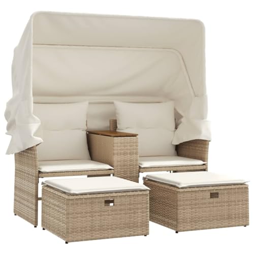 Gartensofa 2-Sitzer mit Ausziehbare Markise & Holztisch, Balkonsofa mit Hocker & Stauraum für Terrasse Hinterhof, Beige 144 x 92 x 69 cm Poly Rattan von Makastle