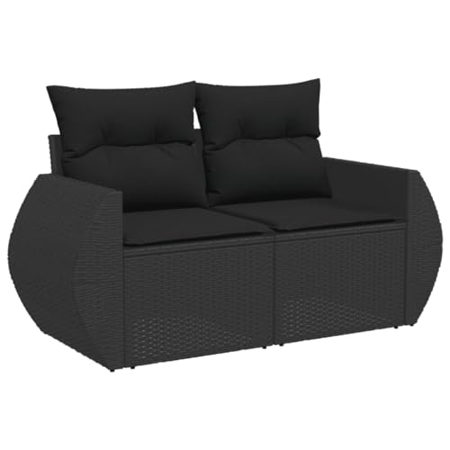 Gartensofa 2-Sitzer mit Kissen, Terrassensofa mit Rückenlehne und Stahlrahmen für Hinterhof Balkon, Schwarz 142 x 62 x 69 cm Poly Rattan von Makastle