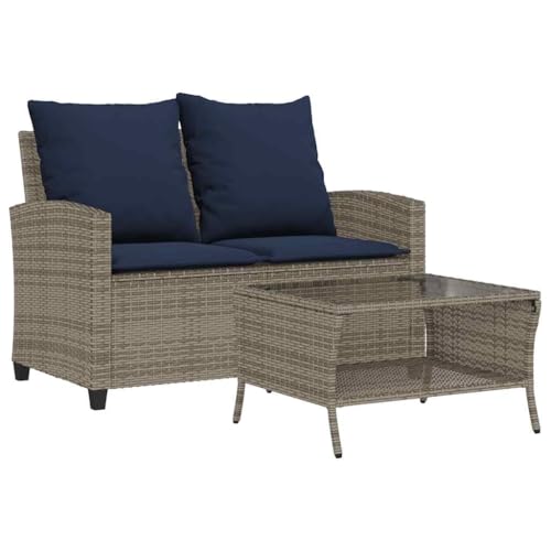 Gartensofa 2-Sitzer mit Marineblau Kissen & Glastisch, Freizeitsofa mit Rückenlehne & Armlehne für Terrasse Balkon, Grau 116 x 72 x 79 cm Poly Rattan von Makastle