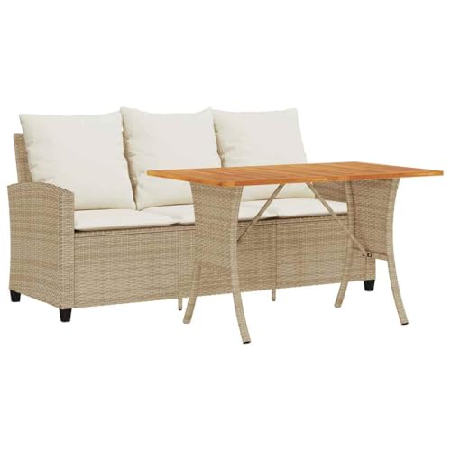 Gartensofa 3-Sitzer mit Cremeweiß Kissen & Holztisch, Polyrattan-Stuhl mit Armlehnen und Rückenlehnen für Terrasse Balkon, Beige 168 x 72 x 79 cm von Makastle