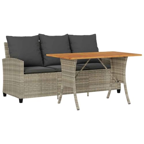 Gartensofa 3-Sitzer mit Dunkelgrau Kissen & Holztisch, Polyrattan-Stuhl mit Armlehnen und Rückenlehnen für Terrasse Balkon, Hellgrau 168 x 72 x 79 cm von Makastle