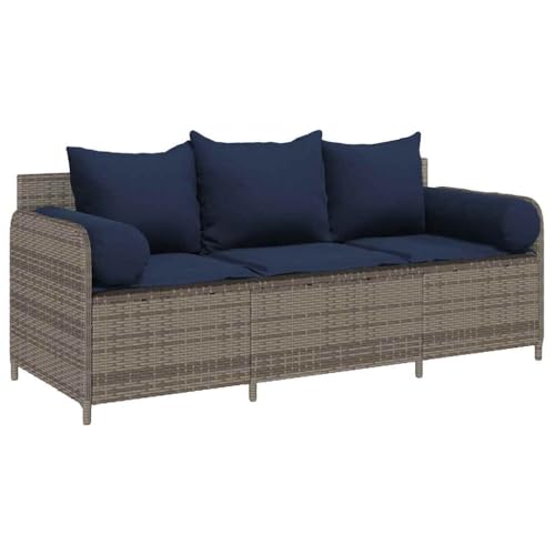 Gartensofa 3-Sitzer mit Marineblau Kissen, Loungesessel mit Rückenlehne und Armlehne für Terrasse Balkon, Grau 170 x 67 x 65 cm Poly Rattan Gartensofa 3-Sitzer mit Marineblau Kissen, Loungesessel mit Rückenlehne und Armlehne für Terrasse Balkon, Grau 170 x 67 x 65 cm Poly Rattan von Makastle