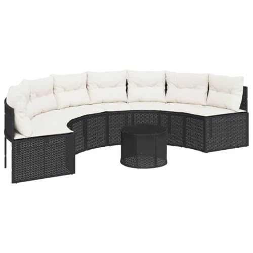 Gartensofa Halbrundes mit Glastisch und Cremeweiß Kissen, Polyrattan-Stuhl mit Armlehnen und Rückenlehne für Terrasse Balkon, Schwarz 287 x 70 cm von Makastle