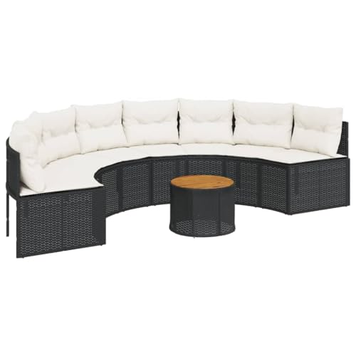 Gartensofa Halbrundes mit Holztisch und Cremeweiß Kissen, Polyrattan-Stuhl mit Armlehnen und Rückenlehne für Terrasse Balkon, Schwarz 287 x 70 cm von Makastle