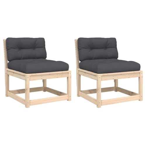 Gartensofa mit Rückenlehne 2er Set, Rechteckig Loungesessel mit Anthrazit Kissen für Terrasse Balkon, Natur 63,5 x 73 x 78 cm Massivholz Kiefer von Makastle