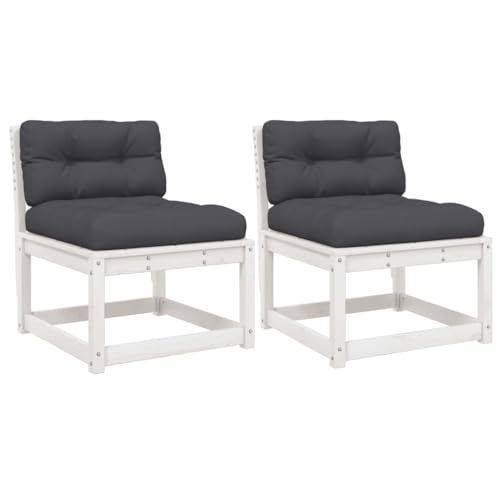 Gartensofa mit Rückenlehne 2er Set, Rechteckig Loungesessel mit Anthrazit Kissen für Terrasse Balkon, Weiß 63,5 x 73 x 78 cm Massivholz Kiefer von Makastle
