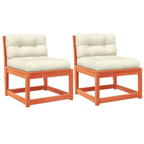 Gartensofa mit Rückenlehne 2er Set, Rechteckig Loungesessel mit Cremeweiß Kissen für Terrasse Balkon, Wachsbraun 63,5 x 73 x 78 cm Massivholz Kiefer von Makastle