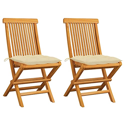 Gartenstühle Klappbar, 2er Set, Esszimmerstühle mit Cremeweiß Kissen für Balkon Terrasse, Einfach zu verstauen, Braun 47 x 60 x 89 cm Massivholz Teak von Makastle