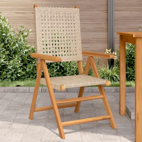 Gartenstühle Klappbar, 2er Set, Polyrattan-Stuhl mit Netzrückenlehne für Camping Picknick, Leicht zu tragen, Beige 57 x 70 x 109 cm Massivholz Akazie von Makastle