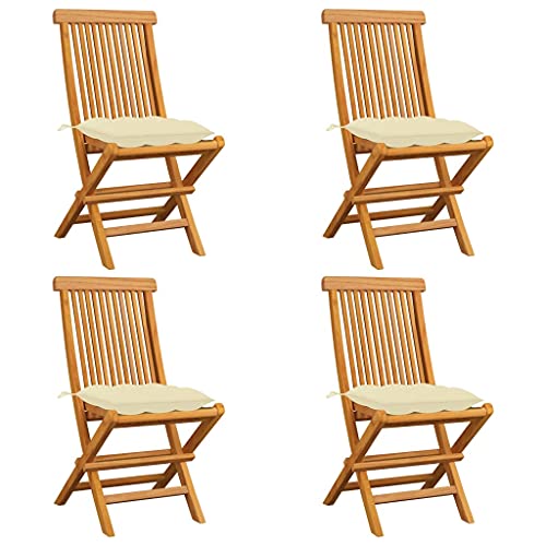 Gartenstühle Klappbar, 4er Set, Esszimmerstühle mit Cremeweiß Kissen für Balkon Terrasse, Einfach zu verstauen, Braun 47 x 60 x 89 cm Massivholz Teak Gartenstühle Klappbar, 4er Set, Esszimmerstühle mit Cremeweiß Kissen für Balkon Terrasse, Einfach zu verstauen, Braun 47 x 60 x 89 cm Massivholz Teak von Makastle