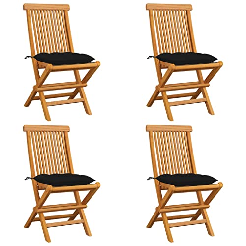 Gartenstühle Klappbar, 4er Set, Esszimmerstühle mit Schwarz Kissen für Balkon Terrasse, Einfach zu verstauen, Braun 47 x 60 x 89 cm Massivholz Teak von Makastle