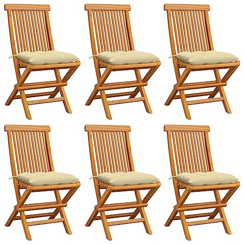 Gartenstühle Klappbar, 6er Set, Esszimmerstühle mit Cremeweiß Kissen für Balkon Terrasse, Einfach zu verstauen, Braun 47 x 60 x 89 cm Massivholz Teak Gartenstühle Klappbar, 6er Set, Esszimmerstühle mit Cremeweiß Kissen für Balkon Terrasse, Einfach zu verstauen, Braun 47 x 60 x 89 cm Massivholz Teak von Makastle