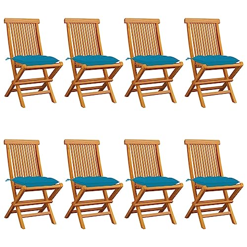 Gartenstühle Klappbar, 8er Set, Esszimmerstühle mit Hellblau Kissen für Balkon Terrasse, Einfach zu verstauen, Braun 47 x 60 x 89 cm Massivholz Teak von Makastle