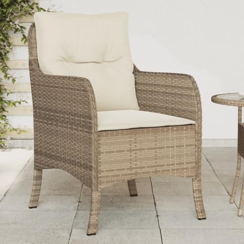 Gartenstühle mit 4 Metallbeine, 2er Set, Polyrattan-Stuhl mit Cremeweiß Kissen für Balkon Terrasse, 110 kg belastbar, Beige 58.5 x 67 x 86 cm Stahl von Makastle