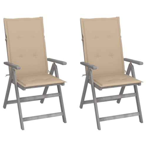 Gartenstühle mit 5-Fach Verstellbarer, 2er Set, Hochlehner-Stuhl mit Beige Auflagen für Balkon, Terrasse, Grau 57 x 69 x 110 cm Massivholz Akazie von Makastle