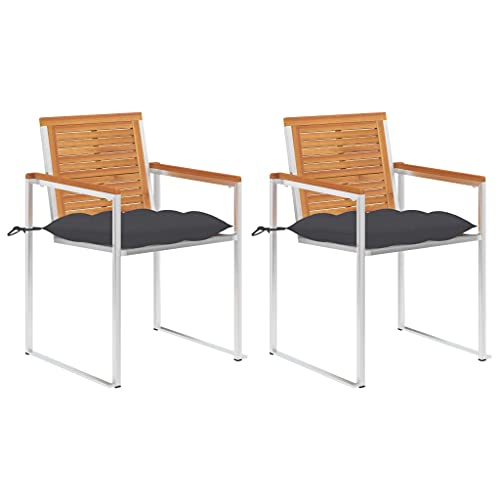 Gartenstühle mit Anthrazit Kissen 2er Ser, Esszimmerstühle mit Metallbeine für Balkon, Terrasse, Rostfrei, Braun 60 x 56 x 85 cm Massivholz Akazie Gartenstühle mit Anthrazit Kissen 2er Ser, Esszimmerstühle mit Metallbeine für Balkon, Terrasse, Rostfrei, Braun 60 x 56 x 85 cm Massivholz Akazie von Makastle