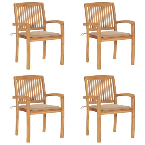 Gartenstühle mit Beige Kissen, 4er Set, Armlehnensessel Stapelbar für Balkon Terrasse, Leicht zu reinigen, Braun 60 x 57.5 x 90 cm Massivholz Teak von Makastle