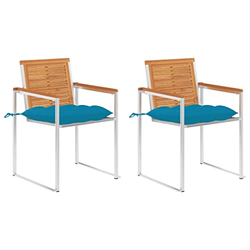 Gartenstühle mit Blau Kissen 2er Ser, Esszimmerstühle mit Metallbeine für Balkon, Terrasse, Rostfrei, Braun 60 x 56 x 85 cm Massivholz Akazie von Makastle