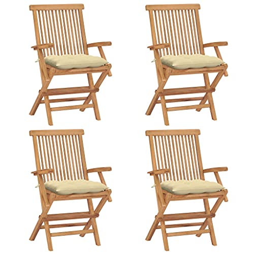 Gartenstühle mit Cremeweiß Kissen, 4er Set, Klappbar Angelstuhl mit Rückenlehne für Balkon Terrasse, Platz sparen, Braun 55 x 60 x 89cm Massivholz Teak Gartenstühle mit Cremeweiß Kissen, 4er Set, Klappbar Angelstuhl mit Rückenlehne für Balkon Terrasse, Platz sparen, Braun 55 x 60 x 89cm Massivholz Teak von Makastle