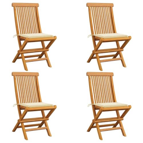Gartenstühle mit Cremeweiß Kissen, 4er Set, Klappbar Küchenstühl mit Rückenlehne für Balkon Terrasse, Tragbar, Braun 47 x 60 x 89 cm Massivholz Teak von Makastle